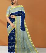 Midnight navy blue & mist sage green printed andhra cotton saree with running blouse
