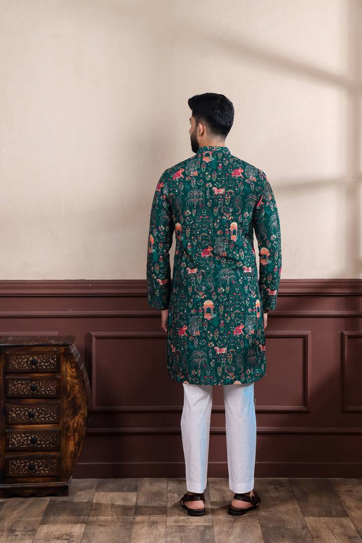 Green printed ethnic kurta payjama for looks
