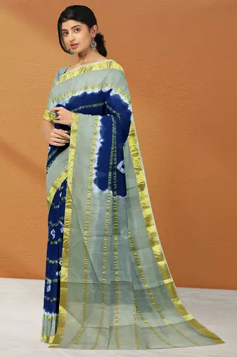 Midnight navy blue & mist sage green printed andhra cotton saree with running blouse