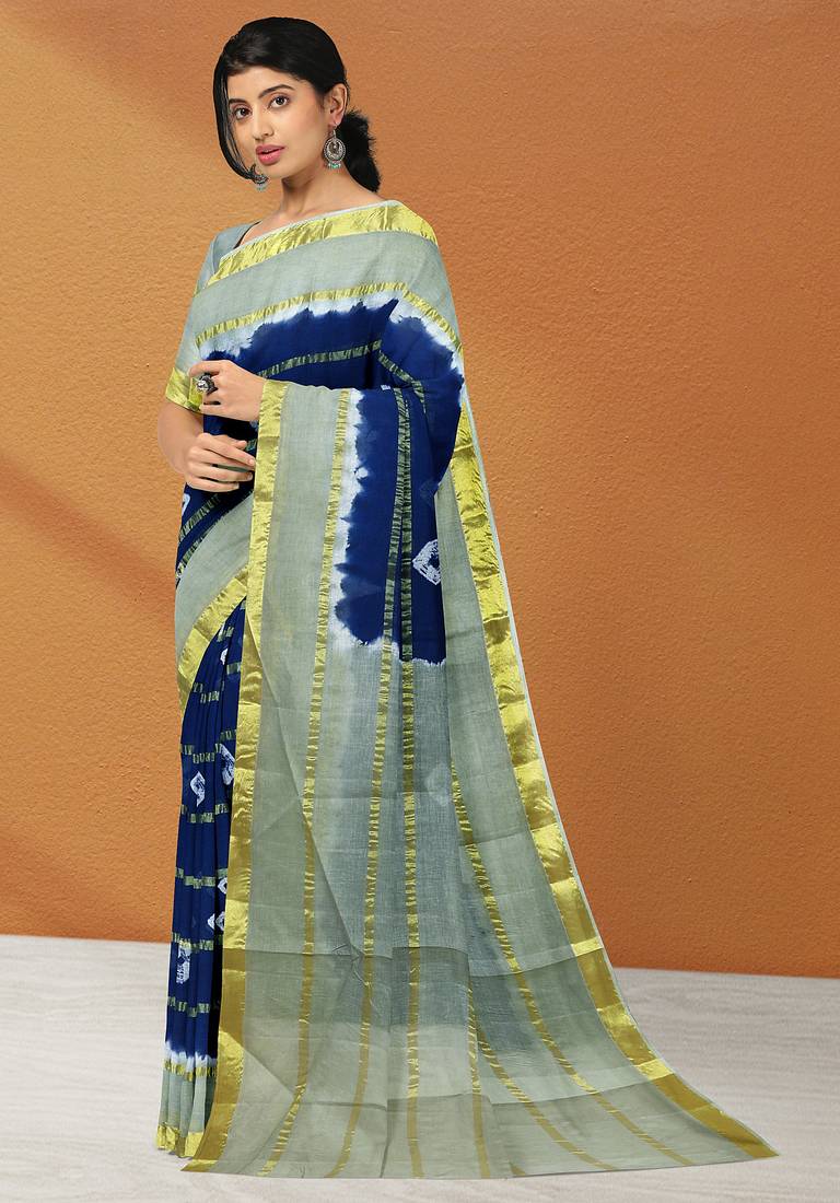Midnight navy blue & mist sage green printed andhra cotton saree with running blouse