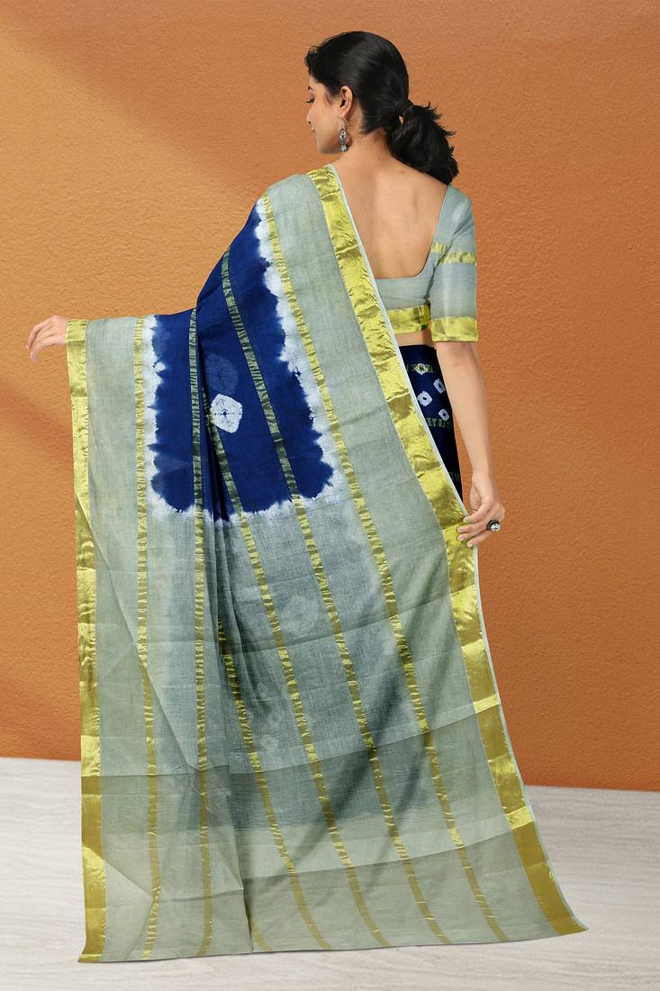 Midnight navy blue & mist sage green printed andhra cotton saree with running blouse