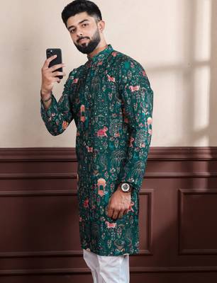 Green printed ethnic kurta payjama for looks 3