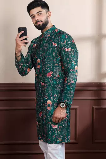 Green printed ethnic kurta payjama for looks