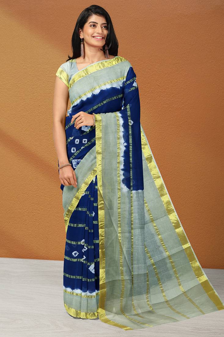 Midnight navy blue & mist sage green printed andhra cotton saree with running blouse