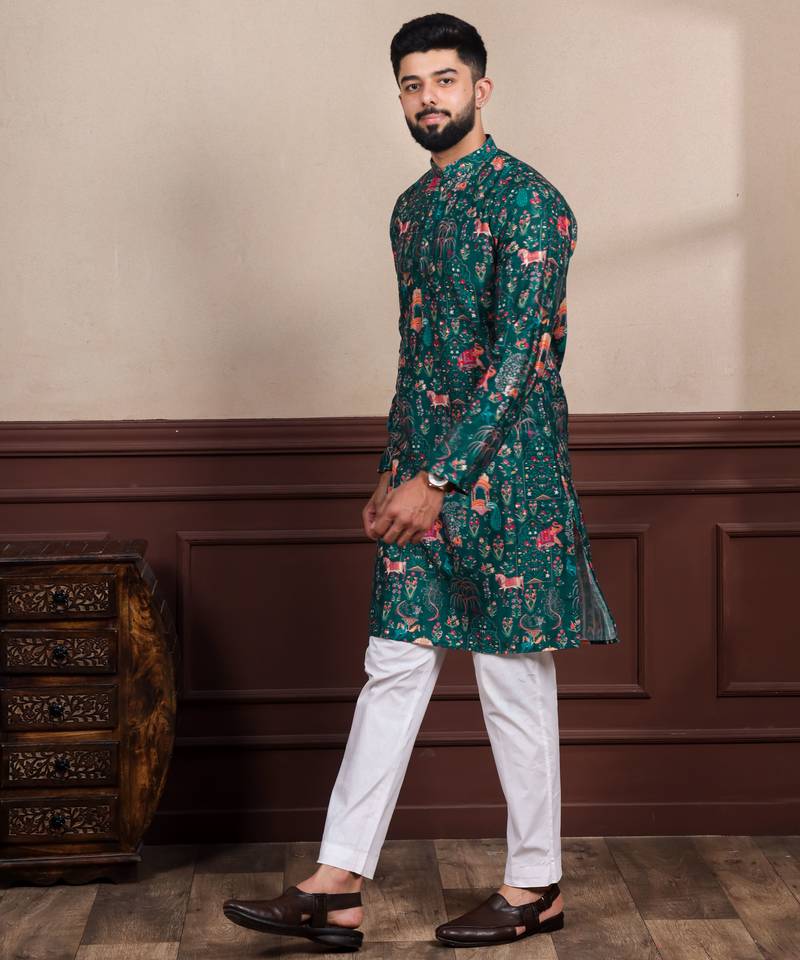Green printed ethnic kurta payjama for looks