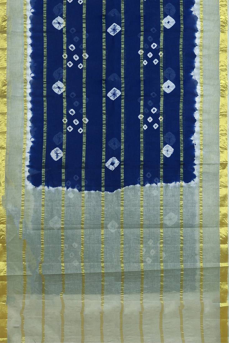 Midnight navy blue & mist sage green printed andhra cotton saree with running blouse