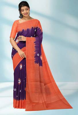 Royal purple & burnt coral orange printed andhra cotton saree with running blouse 1