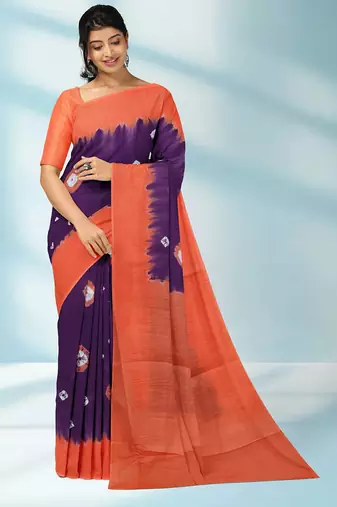 Royal purple & burnt coral orange printed andhra cotton saree with running blouse