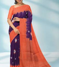 Royal purple & burnt coral orange printed andhra cotton saree with running blouse