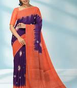 Royal purple & burnt coral orange printed andhra cotton saree with running blouse