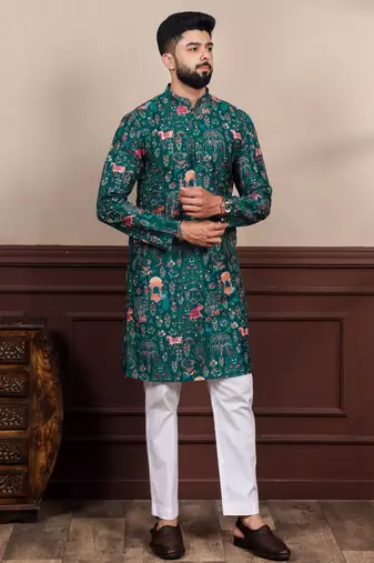 Green printed ethnic kurta payjama for looks