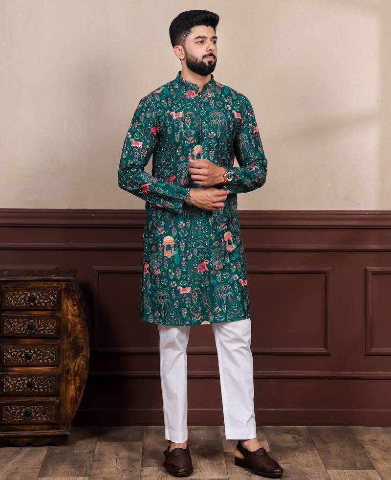 Green printed ethnic kurta payjama for looks