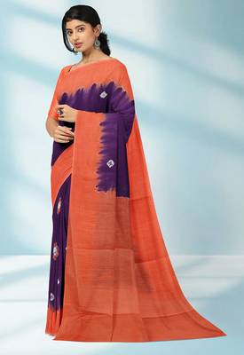Royal purple & burnt coral orange printed andhra cotton saree with running blouse 2