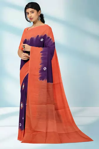 Royal purple & burnt coral orange printed andhra cotton saree with running blouse