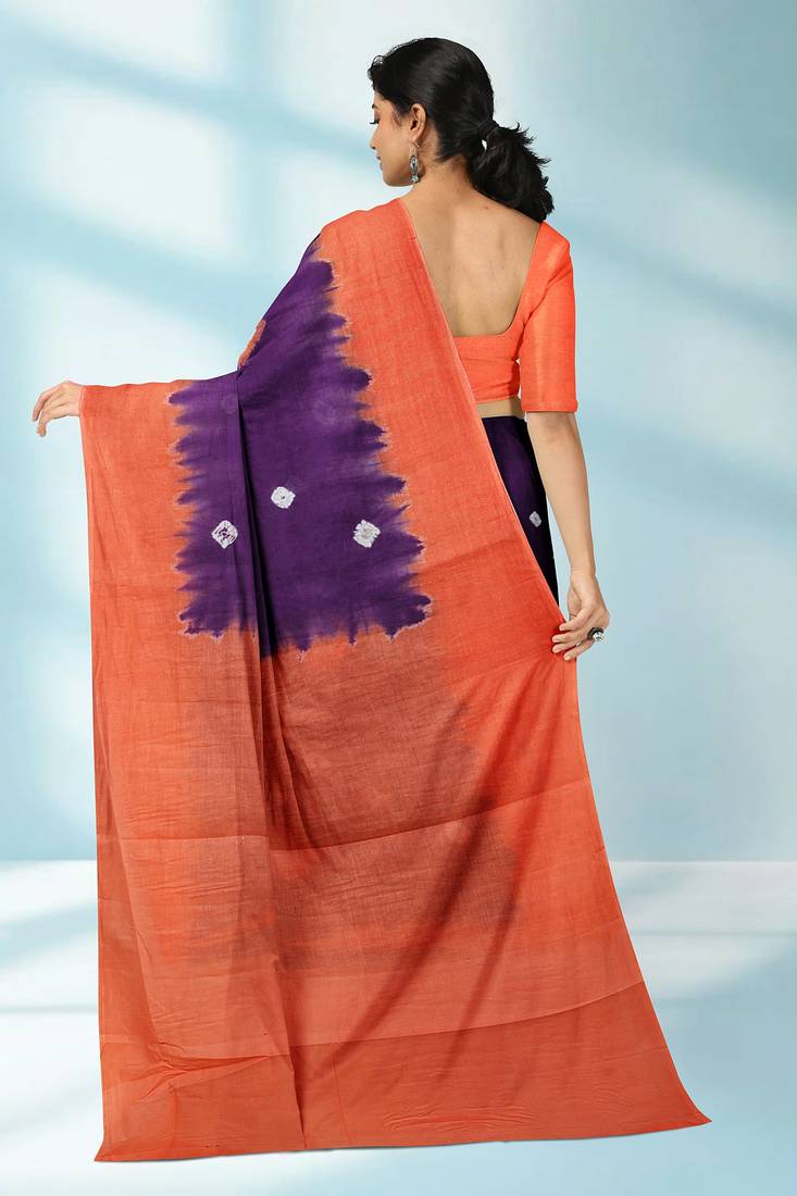 Royal purple & burnt coral orange printed andhra cotton saree with running blouse