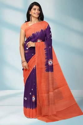 Royal purple & burnt coral orange printed andhra cotton saree with running blouse 4