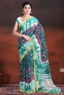 Lagoon green & royal mulberry purple printed andhra cotton saree with running blouse 1