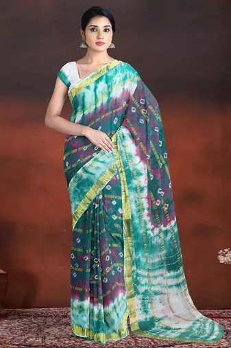 Lagoon green & royal mulberry purple printed andhra cotton saree with running blouse