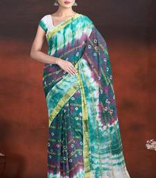 Lagoon green & royal mulberry purple printed andhra cotton saree with running blouse