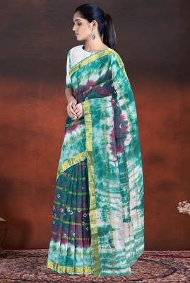 Lagoon green & royal mulberry purple printed andhra cotton saree with running blouse 2
