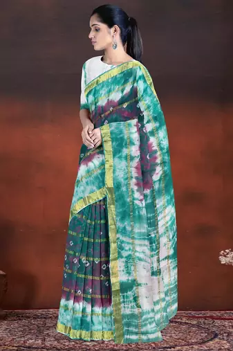 Lagoon green & royal mulberry purple printed andhra cotton saree with running blouse