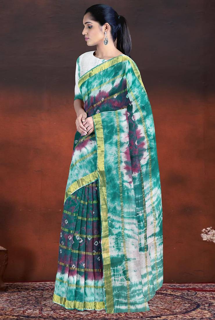Lagoon green & royal mulberry purple printed andhra cotton saree with running blouse
