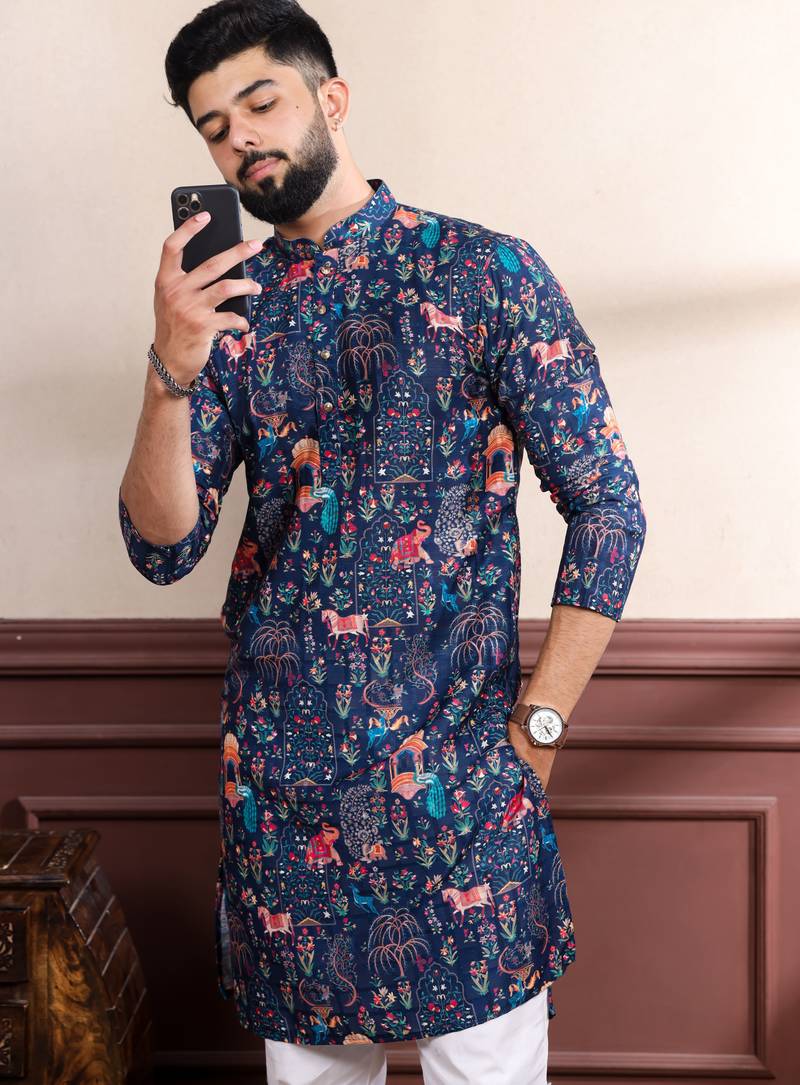 Blue printed ethnic kurta payjama for looks