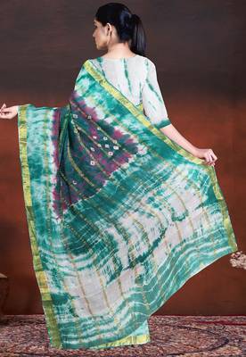Lagoon green & royal mulberry purple printed andhra cotton saree with running blouse 3