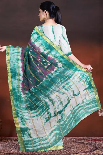 Lagoon green & royal mulberry purple printed andhra cotton saree with running blouse