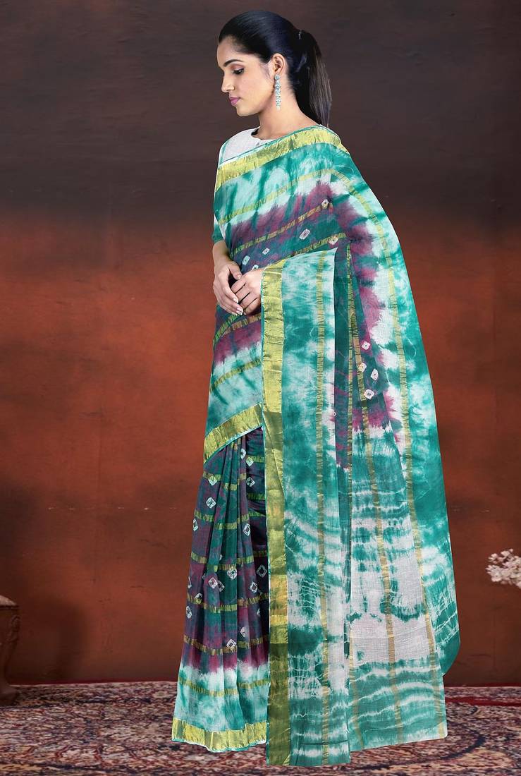 Lagoon green & royal mulberry purple printed andhra cotton saree with running blouse
