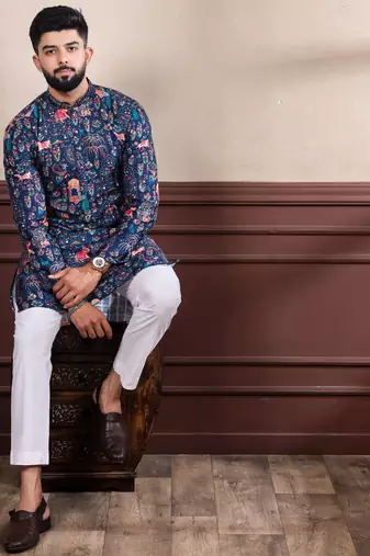 Blue printed ethnic kurta payjama for looks