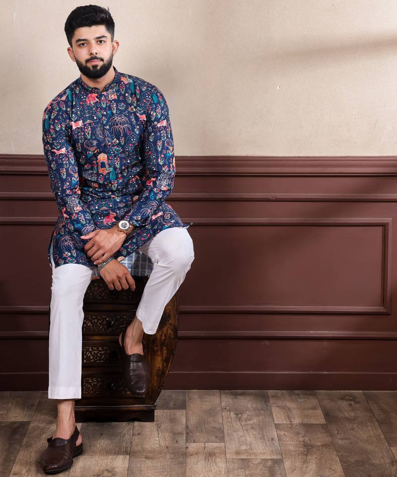 Blue printed ethnic kurta payjama for looks