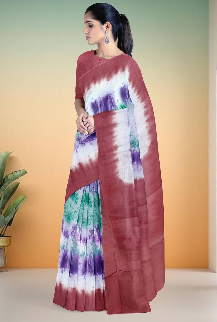 Dusty rose & purple printed andhra cotton saree with running blouse with running blouse