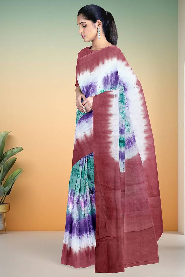 Dusty rose & purple printed andhra cotton saree with running blouse with running blouse