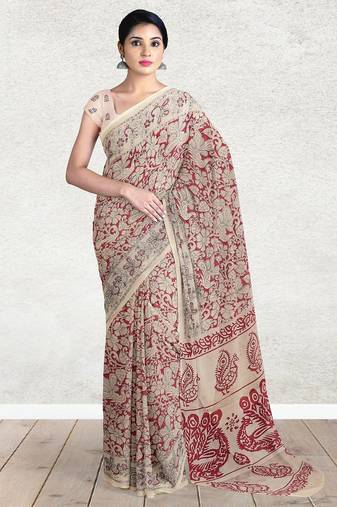 Sandstone beige & heritage crimson red printed andhra cotton saree with running blouse