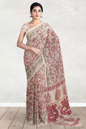 Sandstone beige & heritage crimson red printed andhra cotton saree with running blouse