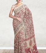 Sandstone beige & heritage crimson red printed andhra cotton saree with running blouse