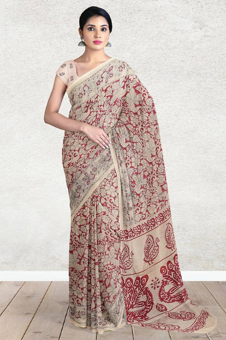 Sandstone beige & heritage crimson red printed andhra cotton saree with running blouse