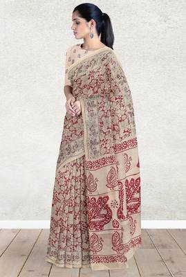 Sandstone beige & heritage crimson red printed andhra cotton saree with running blouse 2