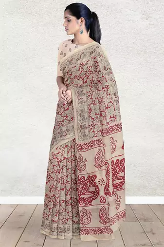 Sandstone beige & heritage crimson red printed andhra cotton saree with running blouse