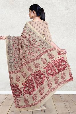 Sandstone beige & heritage crimson red printed andhra cotton saree with running blouse 3