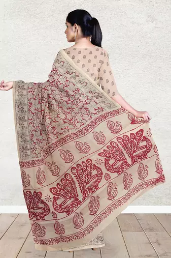 Sandstone beige & heritage crimson red printed andhra cotton saree with running blouse