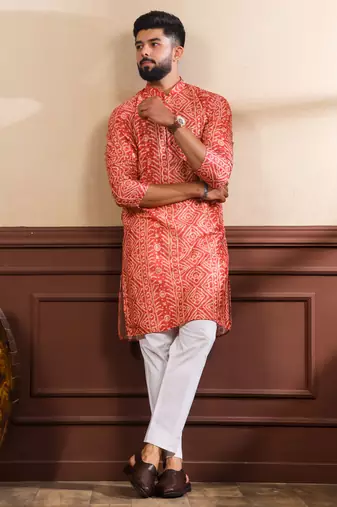 Orange printed ethnic kurta payjama for looks