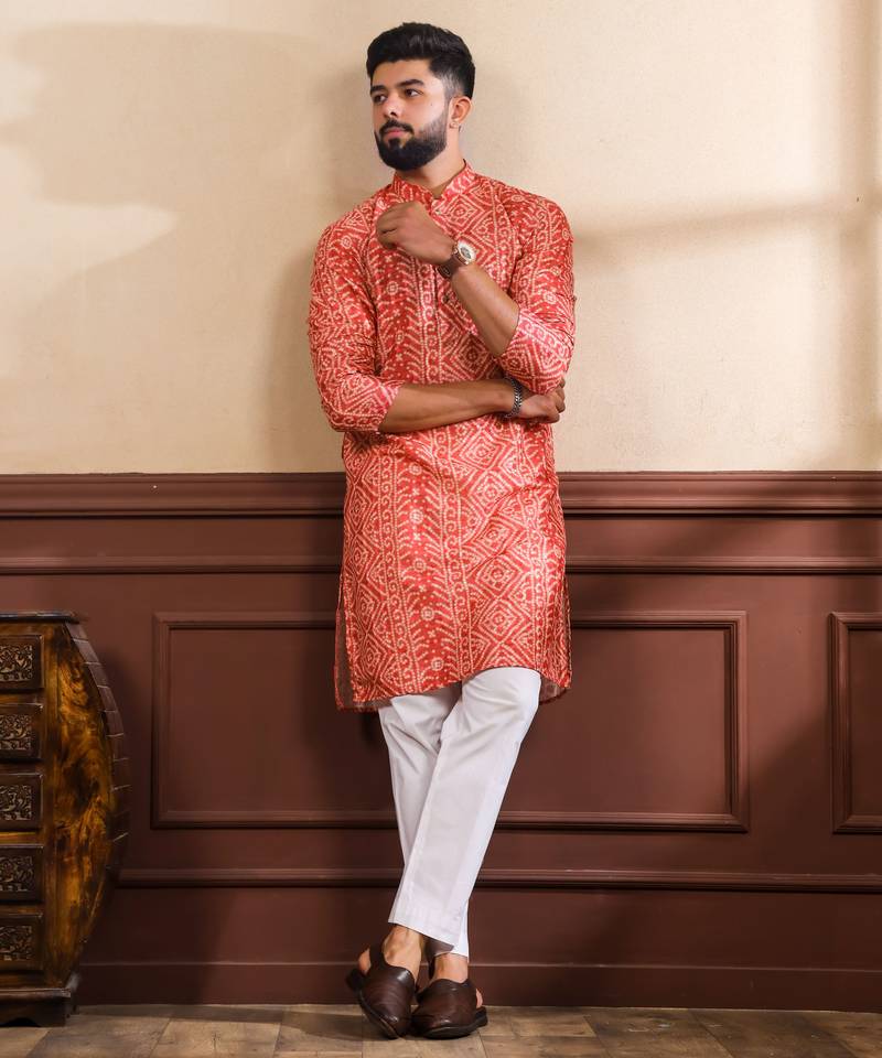 Orange printed ethnic kurta payjama for looks