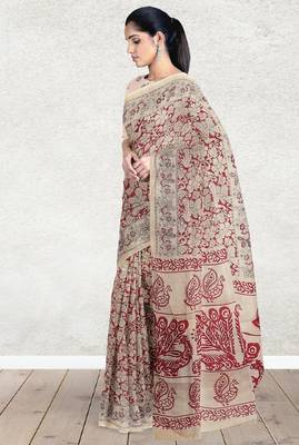 Sandstone beige & heritage crimson red printed andhra cotton saree with running blouse 4