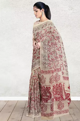 Sandstone beige & heritage crimson red printed andhra cotton saree with running blouse
