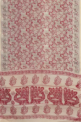 Sandstone beige & heritage crimson red printed andhra cotton saree with running blouse