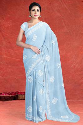 Misty sky blue & ivory white andhra cotton saree with running blouse 1
