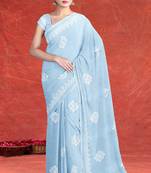 Misty sky blue & ivory white andhra cotton saree with running blouse