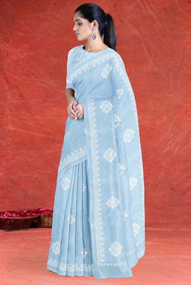 Misty sky blue & ivory white andhra cotton saree with running blouse 2